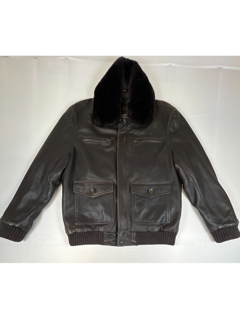 Tibor Vintage Mens Brown Leather Bomber Jacket with Faux Fur Collar Size XL